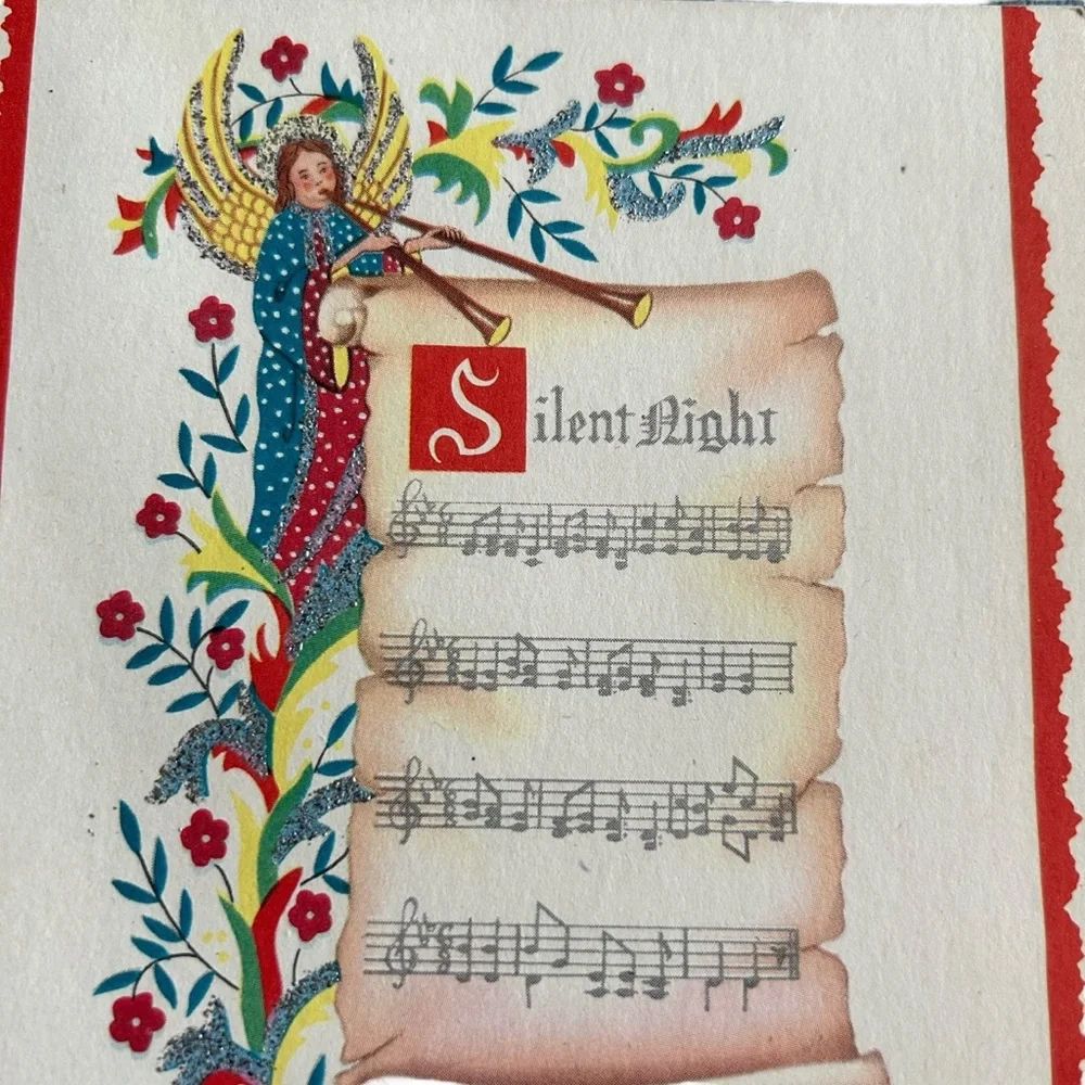 Vintage 40s 50s Rynart Christmas Card Silent Night Scroll Angel Retro Ephemera